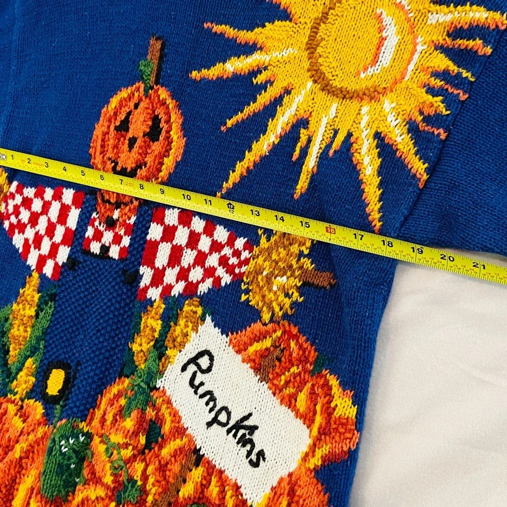 Vintage Marisa Christina Sweater Small Overalls Pumpkins Hand Knit Scarecrow Sun - Picture 5 of 8